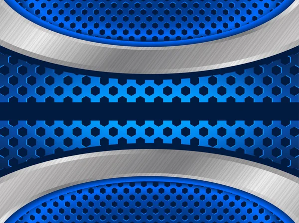 Blue background with metallic elements and hexagon perforated pattern. — Stockvector