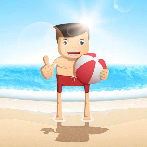 Hombre de dibujos animados en la playa en el fondo ola de mar . — Vector de stock