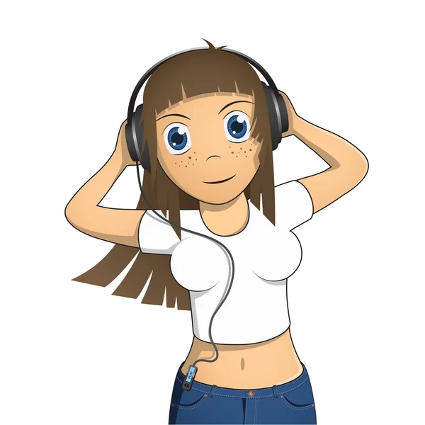 Ganska ung anime flicka lyssnar musik i hörlurar. — Stock vektor