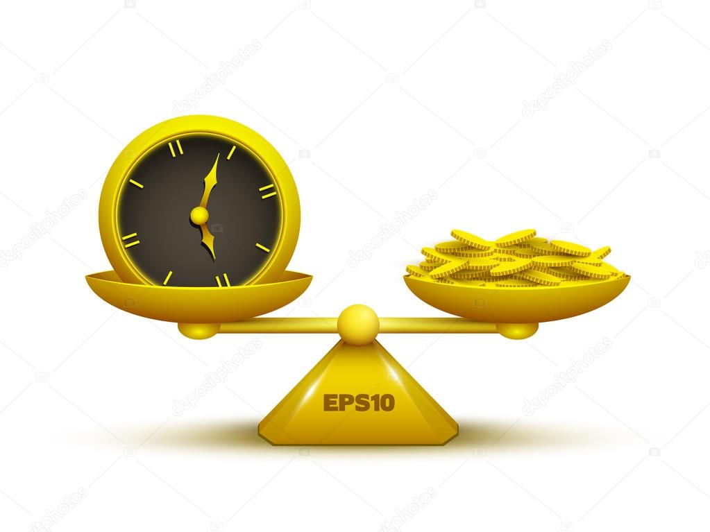 Isolated vector gold scale with clock and golden coins.