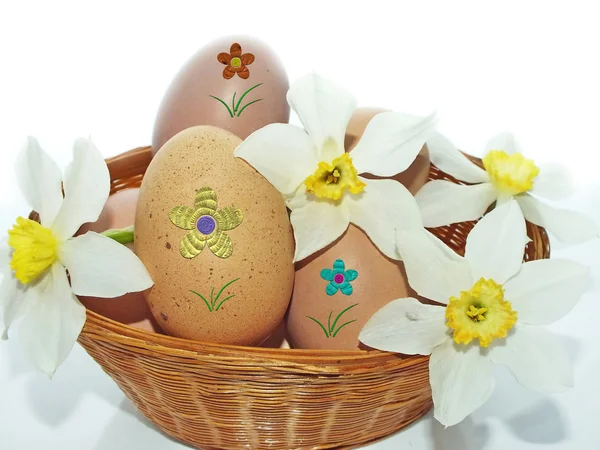 Colorfully painted chicken eggs in the basket for easter — Stock Photo, Image