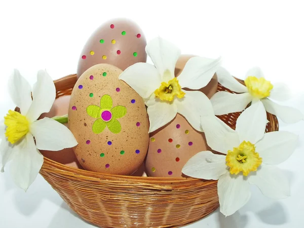 Huevos de gallina pintados de colores en la cesta para Pascua —  Fotos de Stock