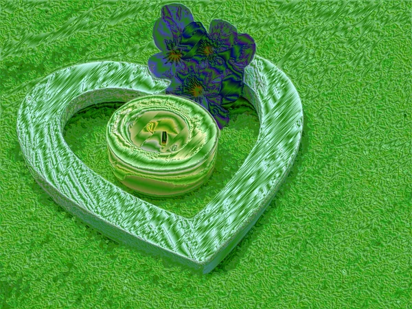 Corazón blanco y anillos de boda de madera con delicadas flores en pequeñas piedras — Foto de Stock