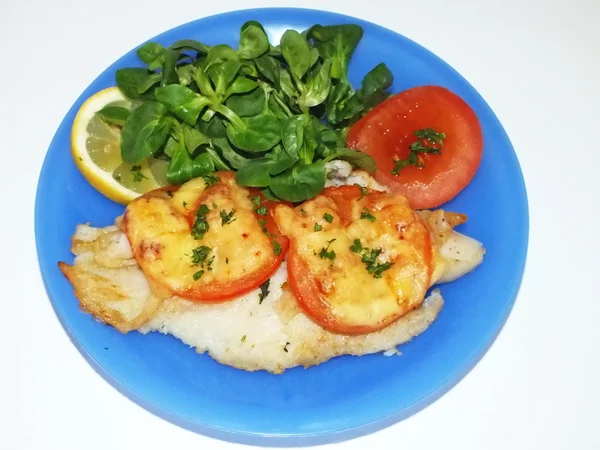 토마토와 샐러드에 치즈와 생선 — 스톡 사진