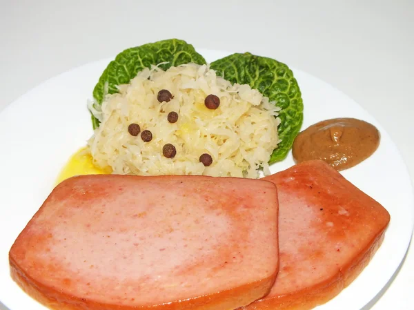 Bavarian meat loaf, leberkaes, with Sauerkraut — Stock Photo, Image