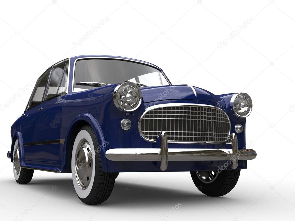 Old dark blue vintage compact car - closeup shot