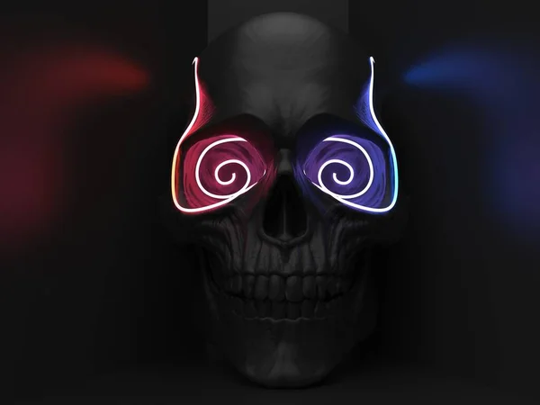 Calavera Oscura Con Luces Neón Los Ojos Azul Rojo Fondo — Foto de Stock