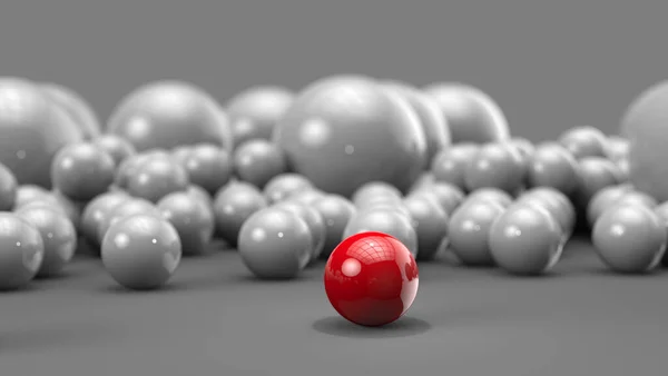 Bola Vermelha Foco Com Monte Bolas Brancas Por Trás Vermelho — Fotografia de Stock