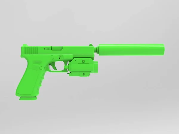 Arma Verde Brilhante Com Silenciador Mira Ponto Laser Fundo Cinza — Fotografia de Stock