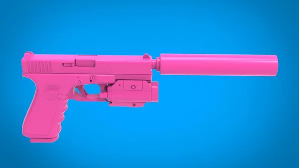 Pistola Rosa Con Silenciador Mira Láser Sobre Fondo Azul Claro — Foto de Stock