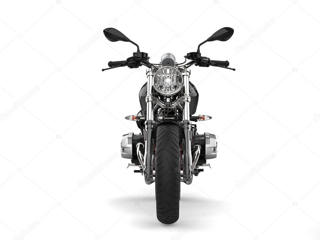 Modern black chopper motorcycle - front view