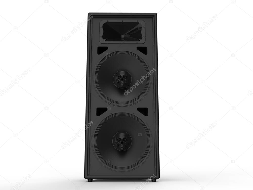 Big matte black concert music loudspeaker with skulls in the center of speakers