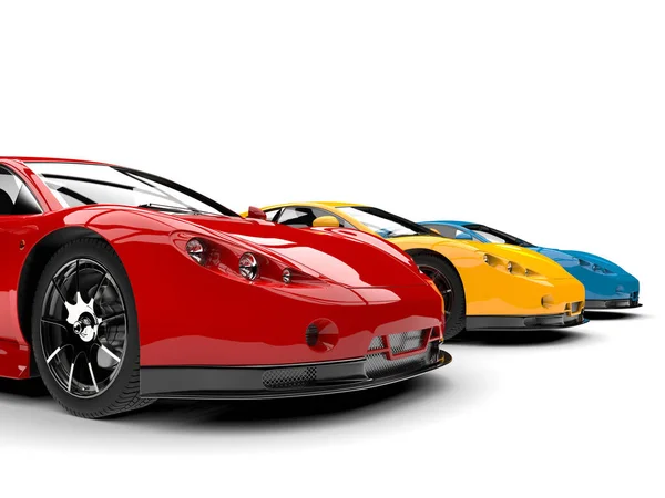 Modern Super Sports Cars Primary Colors Red Yellow Blue Closeup — 图库照片