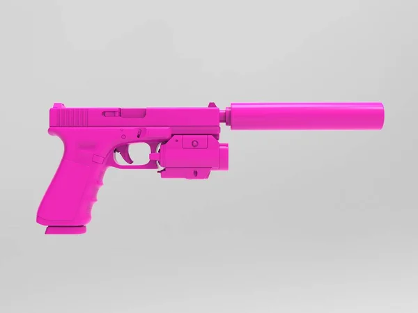 サイレンサーとレーザーの視力の添付ファイルとピンクの現代的な拳銃 サイドビュー — ストック写真