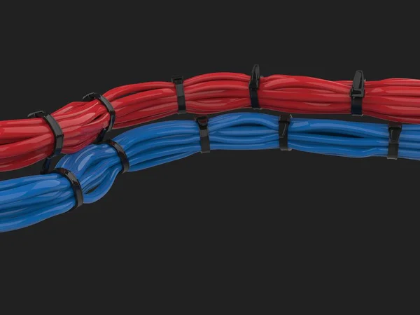 Czerwone Niebieskie Kable Ściśle Związane Czarnymi Zamkami Błyskawicznymi — Zdjęcie stockowe