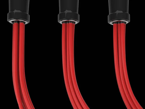 Tres Juegos Cables Rojos Enchufados Gatos Negros —  Fotos de Stock