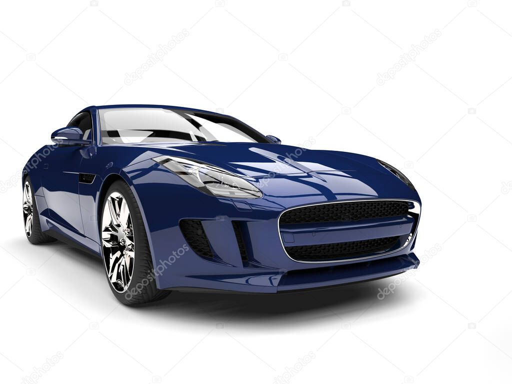 Deep dark blue fast luxury sports car - front closeup shot