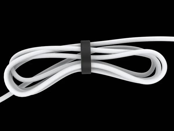 白色电缆弯曲卷起 用黑橡皮筋固定 — 图库照片