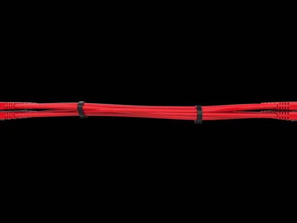 Dünne Rote Netzwerkkabel Werden Mit Schwarzen Plastikbändern Zusammengehalten — Stockfoto