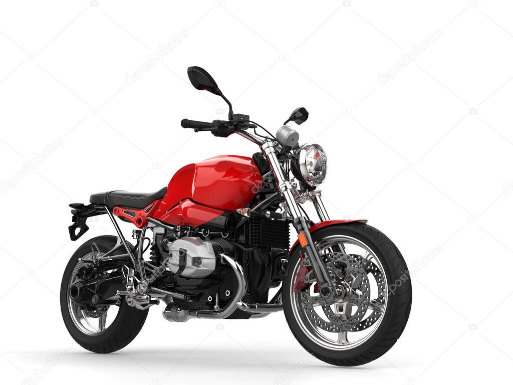 Bright scarlet red modern motorcycle - low angle beauty shot