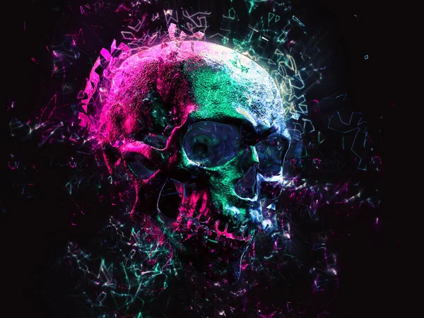 Neon Synthwave Cranio Esplode Poligoni Brillanti — Foto Stock