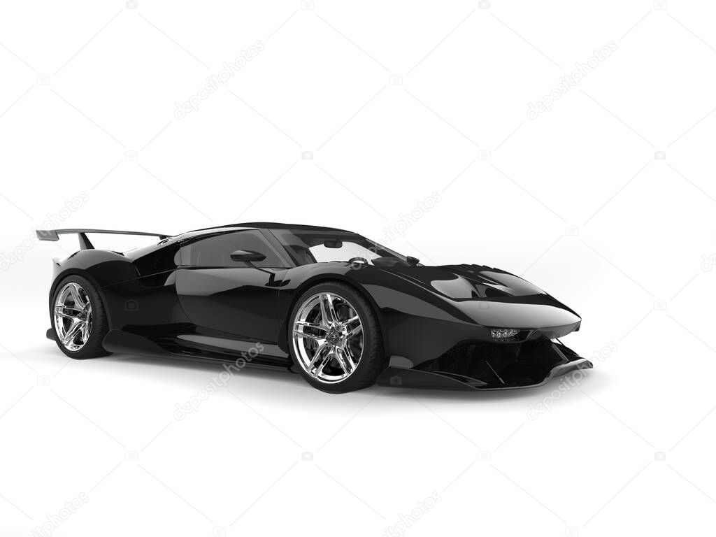 Modern race supercar - low angle beauty shot - jet black color