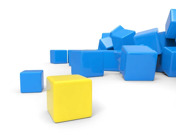 Yellow Cube Stands Out Pile Blue Cubes — Stock Photo, Image