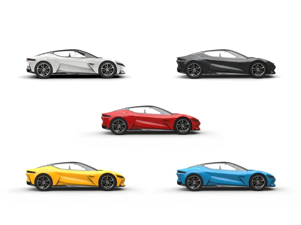 Modern electric fast cars in all primary colors - side shot