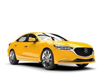 Bright yellow Mazda 6 2018 - 2021 model - closeup shot - 3D Illustration - isolated on white background