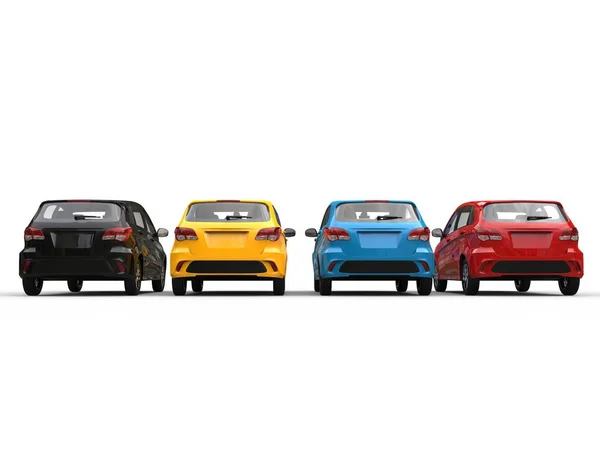 Μοντέρνα Οικονομικά Συμπαγή Αυτοκίνητα Διάφορα Χρώματα Πίσω Όψη — Φωτογραφία Αρχείου