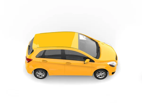 Bright Sunny Yellow Modern Compact Car Front View Top View — стоковое фото