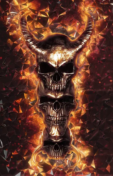 Three Horned Demon Skulls Flames Shattering Glass — Stock Photo, Image