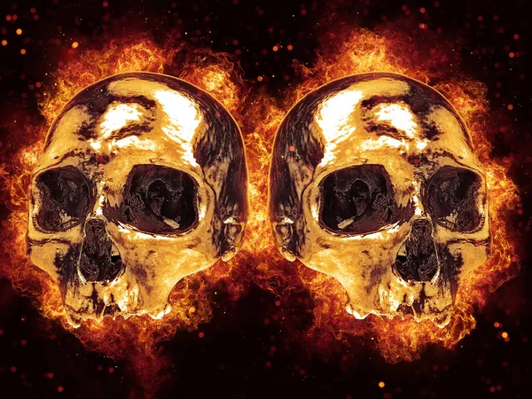 Two Skulls Side Side Engulfed Flames — стоковое фото