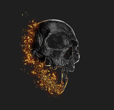 Dark skull burning and disintegrating into glowing crystal rocks