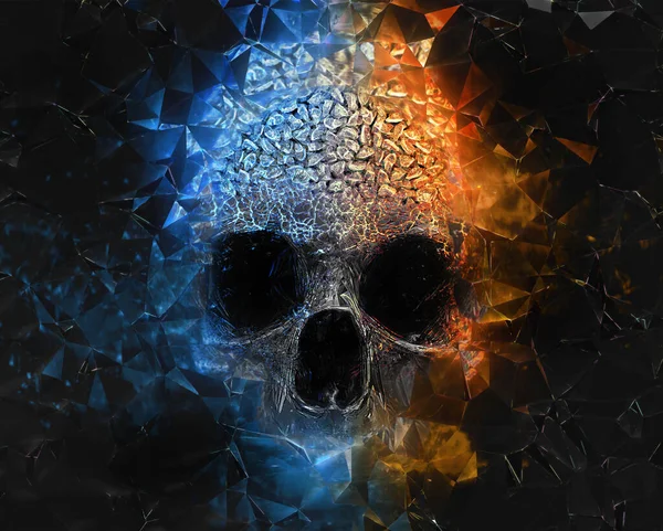 Skull Breaking Disintegrating Blue Orange Glowing Crystals — Stock Fotó