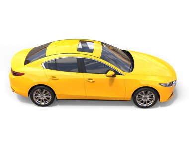 Bright sun yellow Mazda 3 2019 - 2022 model - top down view - 3D Illustration - isolated on white background