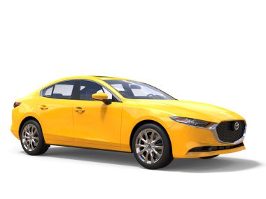Bright sun yellow Mazda 3 2019 - 2022 model - beauty shot - 3D Illustration - isolated on white background