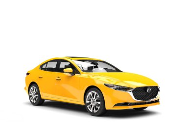 Bright sun yellow Mazda 3 2019 - 2022 model - 3D Illustration - isolated on white background