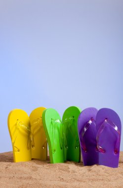 kumlu bir plaj renkli flip-flop bulunabilir