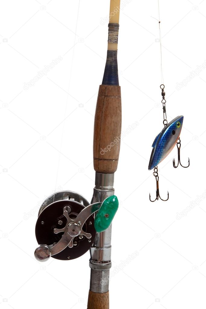 A fishing rod, reel and lure on a white background
