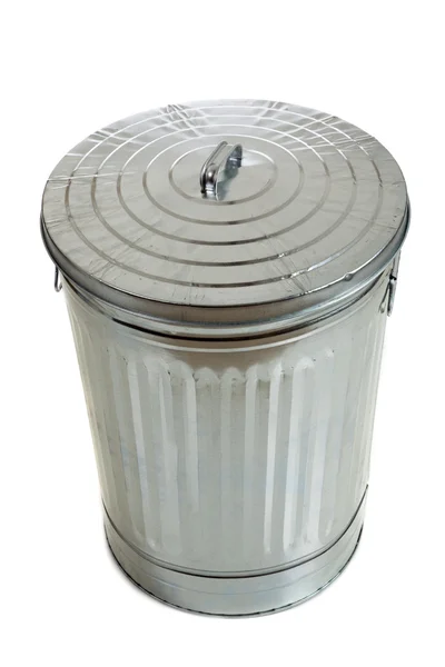 Silver corrugated trash can on white — Stock Photo, Image