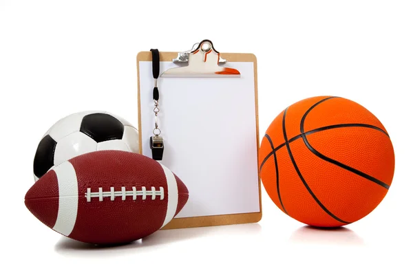 Assorted sports balls with a Clipboard — Stock Photo, Image