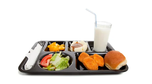 School lunch tray with food on it on a white backgrounf — Stock Photo, Image