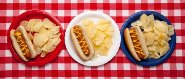 Several hotdogs on colored plates clipart