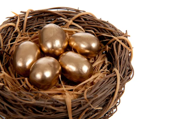 Gold eggs in a nest on a white background — Stock Photo, Image