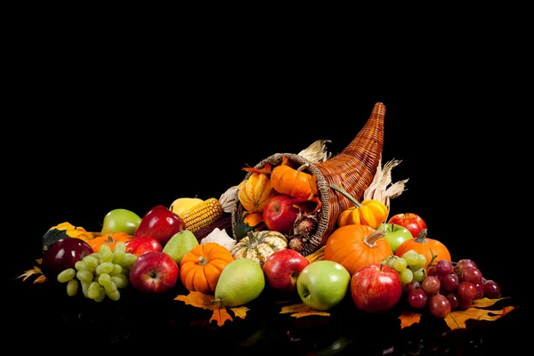 Arranjo de queda de frutas e verduras em uma cornucópia — Fotografia de Stock