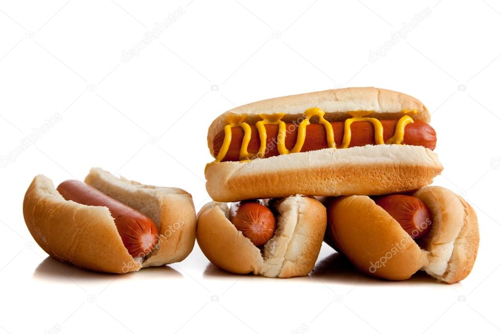 Hot dogs with mustard on white
