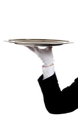 Bir gümüş tepsi tutarak bir butler'ın eldivenli elini