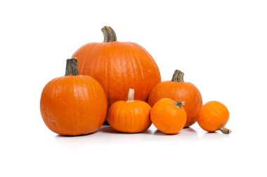 Assorted pumpkins with straw on white clipart