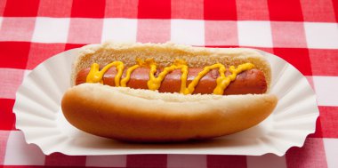 Kırmızı ekoseli masa örtüsü üzerine hardallı sosisli sandviç